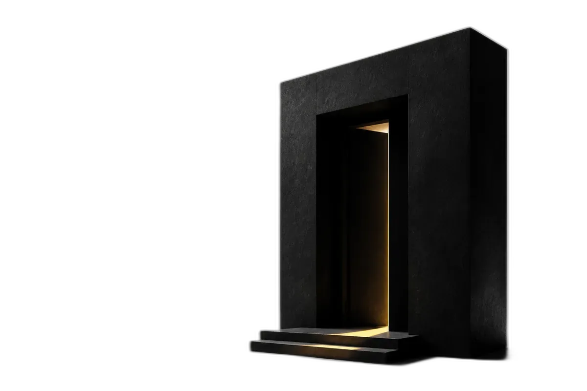 A sculptural black doorway with a warm light